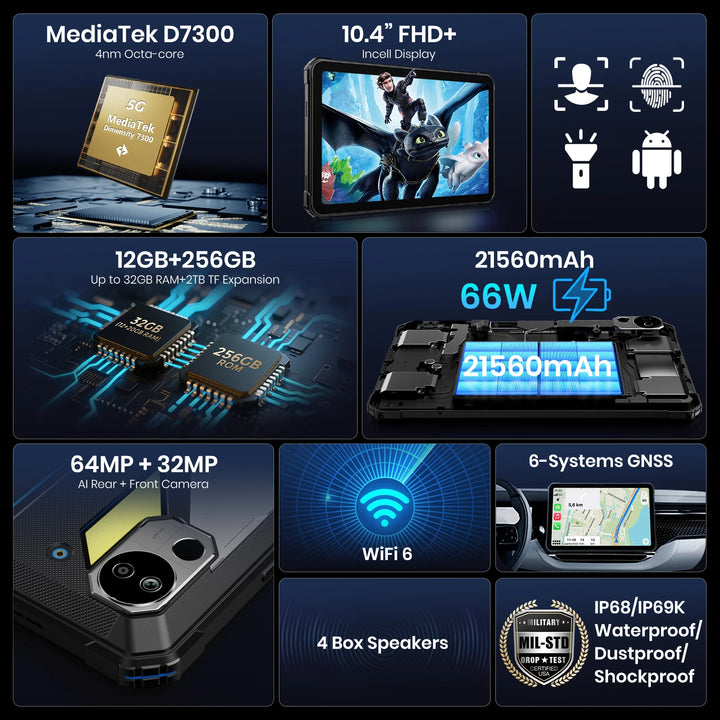 FOSSiBOT DT3 5G 10.4-inch 32+256GB MediaTek Dimensity 7300 4nm Octa-core 21560mAh 64MP Camera 66W Fast Charging Android 15 Rugged Tablet